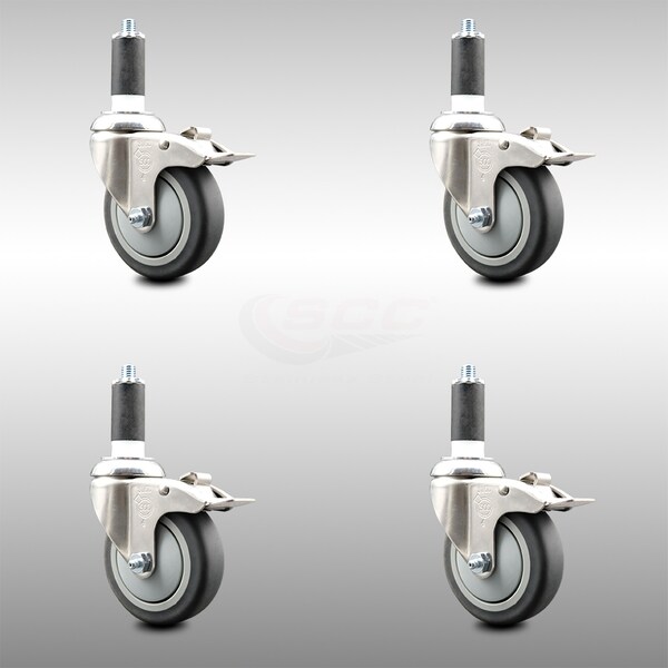 Service Caster 4 Inch 316SS Thermoplastic Rubber Swivel 1-1/4 Inch Stem Caster Set Lock Brake SCC-SS316TTLEX20S414-TPRB-114-4 - main